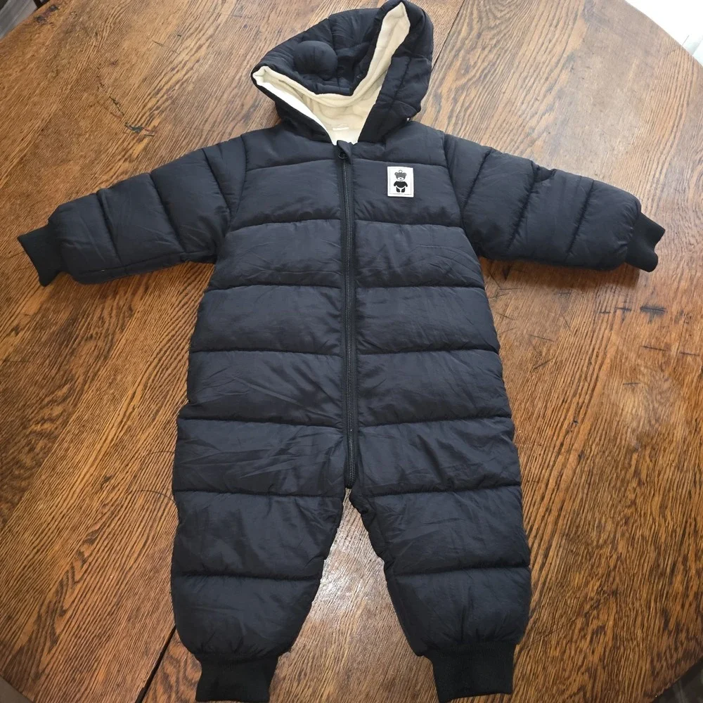 The Bear Hooded Snowsuit Baby Winter Coat Fleece Lined Black 12-18 Mo Zip-up